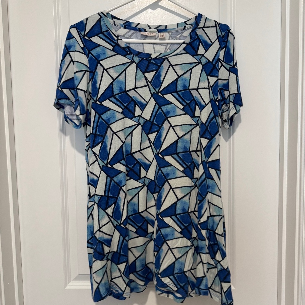 LOGO Lori Goldstein Mixed Print Blue Women Short Sleeve Top Size S